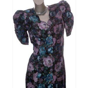 Vintage 80s Midi Dress Cottage Core Puff Sleeves Scallop Black Pastel Floral 7/8